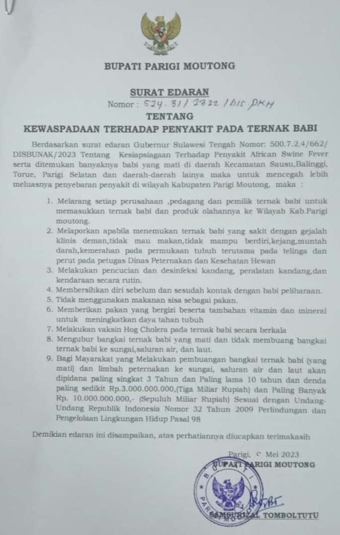 Cegah Penyebaran ASF, Bupati Keluarkan Surat Edaran
